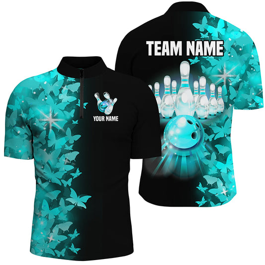 Turquoise Butterfly Bowling Shirts For Men Women Custom 1/4 Zip Bowling Jersey Team BDT505