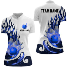 Load image into Gallery viewer, White&amp;Blue Bowling Shirts For Men &amp; Women Custom Flame Bowling Team Jersey Quarter-Zip BDT537