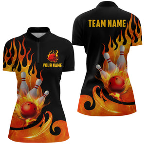 Custom Black & Orange Bowling Shirts For Men & Women Flame Bowling Team Jersey Quarter-Zip BDT536