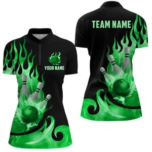 Custom Black & Green Bowling Shirts For Men & Women Flame Bowling Team Jersey Quarter-Zip BDT536