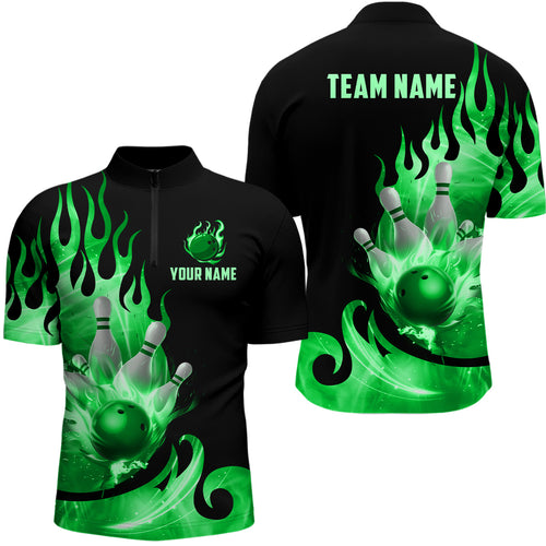 Custom Black & Green Bowling Shirts For Men & Women Flame Bowling Team Jersey Quarter-Zip BDT536