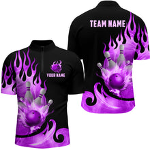 Load image into Gallery viewer, Custom Black &amp; Purple Bowling Shirts For Men &amp; Women Flame Bowling Team Jersey Quarter-Zip BDT536