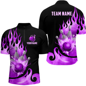 Custom Black & Purple Bowling Shirts For Men & Women Flame Bowling Team Jersey Quarter-Zip BDT536