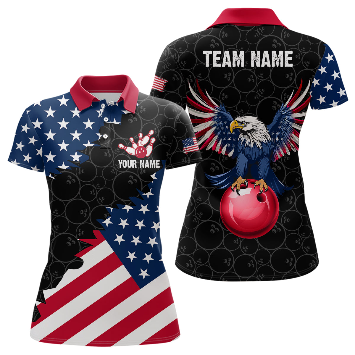 Custom American Bowling Polo Shirt for Men & Women Eagle Bowling Jersey Team League Black BDT548