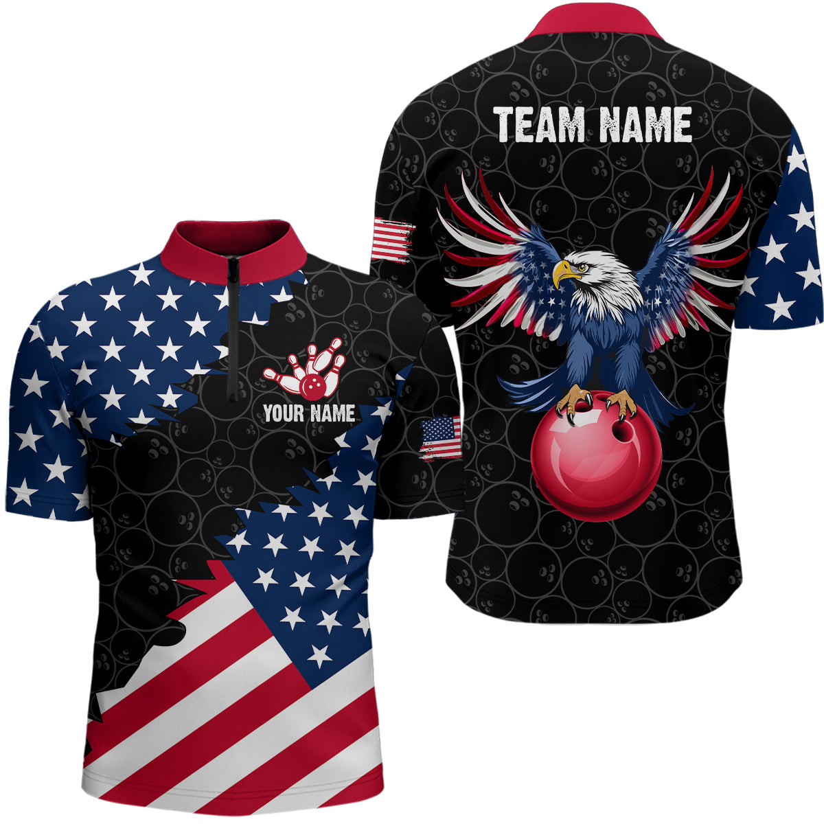 Custom American Bowling 1/4 Zip Shirt for Men & Women Eagle Bowling Jersey Team League Black BDT548