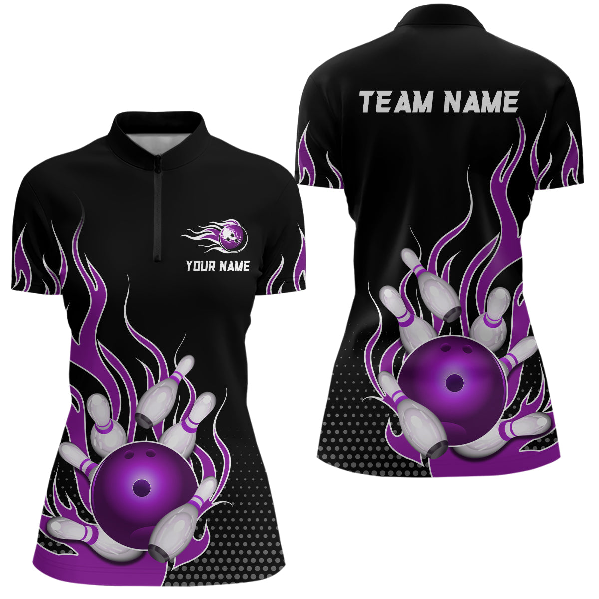 Purple Flame 1/4 Zip Bowling Shirts for Men And Women Custom Bowling Team Jerseys Unisex BDT477