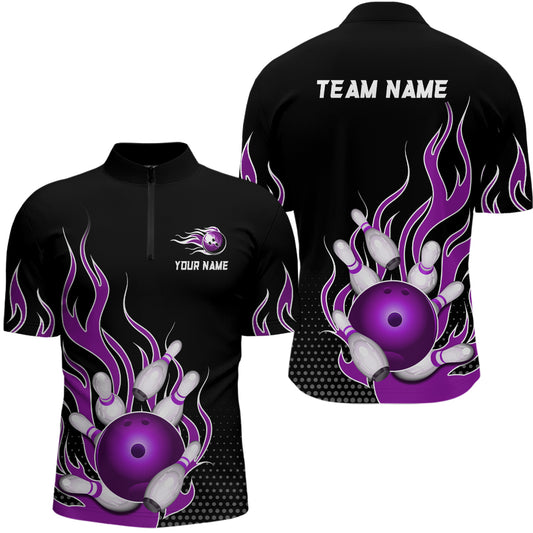 Purple Flame 1/4 Zip Bowling Shirts for Men And Women Custom Bowling Team Jerseys Unisex BDT477