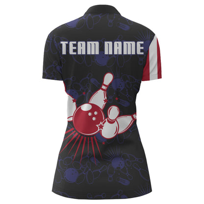 American Flag Bowling Quarter-Zip Shirt Custom Navy Bowling Jersey Women Patriotic Bowling Shirt BDT264