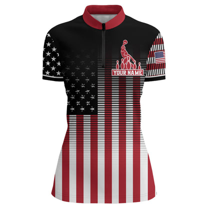 American Bowling Jersey Women Custom Black Bowling Quarter-Zip Shirt Team Patriot Bowling Shirt BDT317
