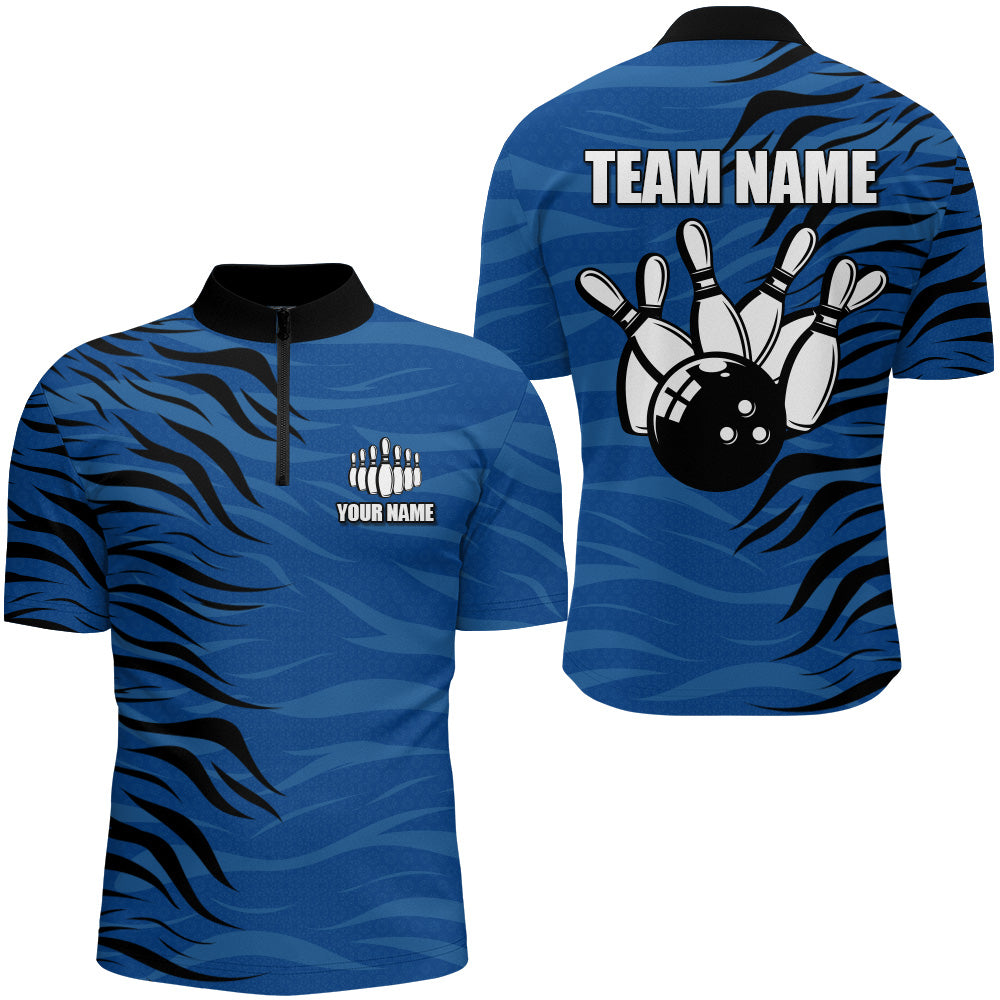 Custom Bowling Quarter-Zip Shirt Blue Bowling Jersey For Men Personalized Bowling League Shirt BDT338