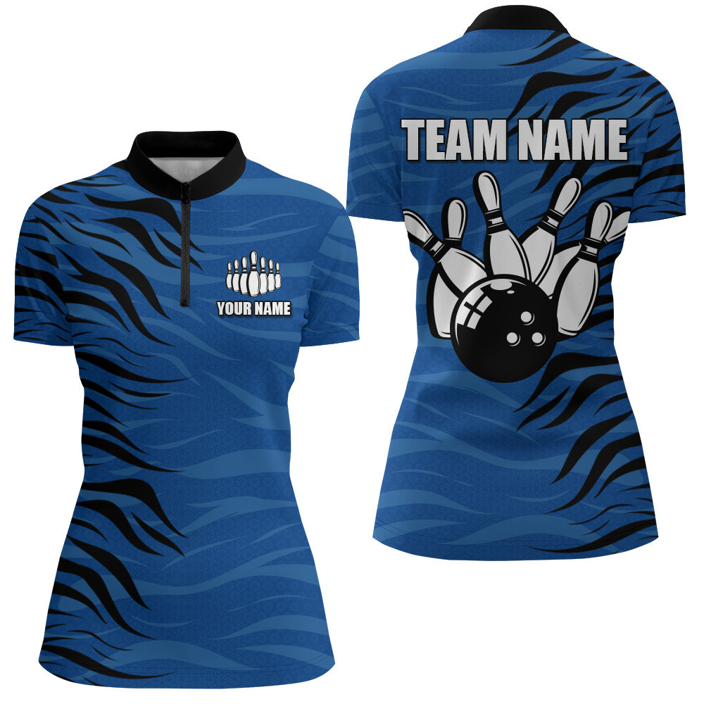 Custom Bowling Quarter-Zip Shirt Blue Bowling Jersey For Women Personalized Bowling League Shirt BDT338