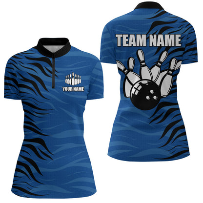 Custom Bowling Quarter-Zip Shirt Blue Bowling Jersey For Women Personalized Bowling League Shirt BDT338