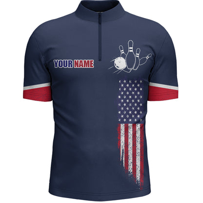 Navy Bowling Quarter-Zip Shirt For Men Custom American Bowling Team Jersey Patriot Bowling Shirt BDT318