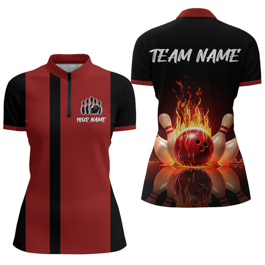Red Flame Bowling Shirt for Men & Women Custom Bowling Jersey Team League Bowling 1/4 Zip BDT547