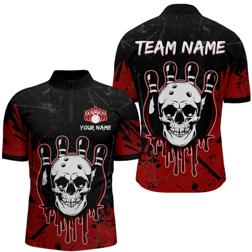 Red Skull Bowling Jersey for Men & Women Custom 1/4 Zip Bowling Shirt Team Halloween Shirt BDT552
