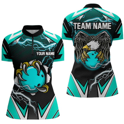 Custom Eagle Bowling Shirts for Men & Women 1/4 Zip Bowling Team Jerseys Turquoise BDT468