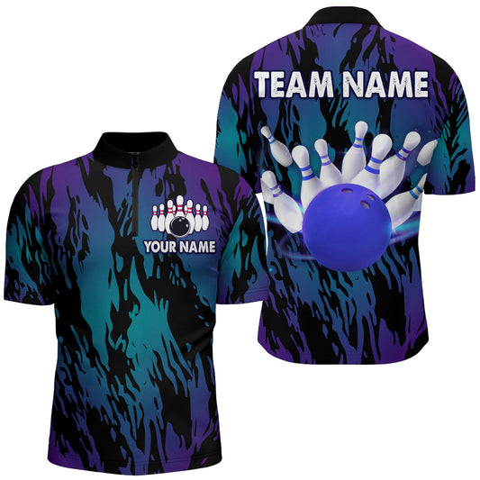 Teal&Purple Camo Bowling Shirt Unisex Bowling Team Jersey Men & Women Custom Bowling 1/4 Zip BDT558