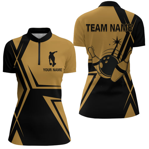 Black&Gold Bowling Jersey Women Custom Bowling Quarter-Zip Shirt Vintage Bowling Team League Shirt BDT147