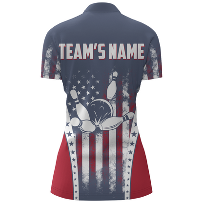 American Bowling Jersey For Women Custom Navy Bowling Shirt Team Bowling Quarter-Zip Shirt BDT316