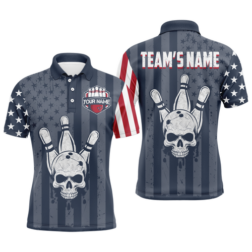 American Flag Bowling Shirt Men Skull Bowling Jersey Team Custom Bowling Polo Shirt BDT379