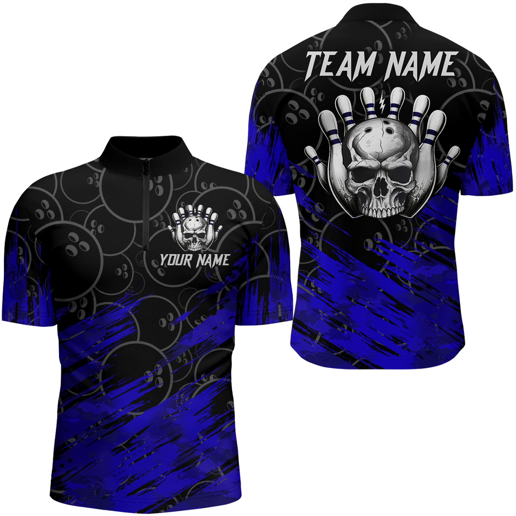 Blue Skull Bowling Shirt for Men & Women Custom Funny 1/4 Zip Bowling Team Jersey BDT470