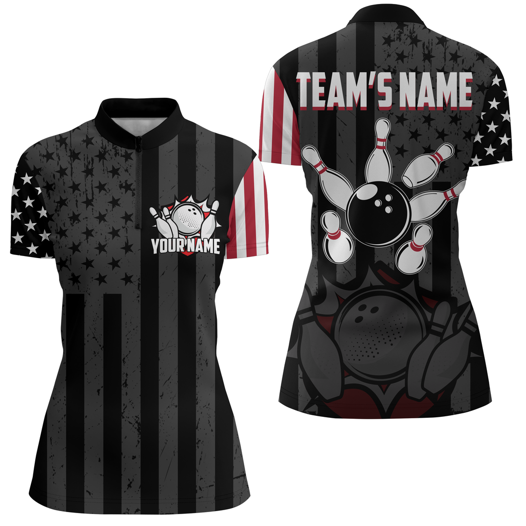 Custom American Bowling Shirt For Women Black Bowling Jersey Team League Bowling 1/4 Zip Shirt BDT334