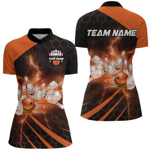 Custom Bowling Jersey For Couples Orange Bowling 1/4 Zip Shirts For Men And Women BDT491