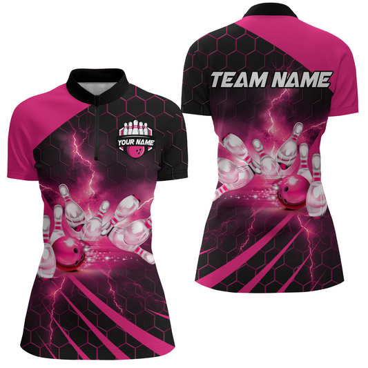 Custom Bowling Jersey For Couples Pink Bowling 1/4 Zip Shirts For Men And Women BDT491