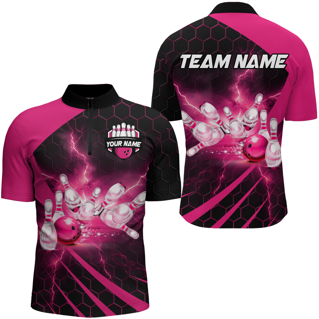 Custom Bowling Jersey For Couples Pink Bowling 1/4 Zip Shirts For Men And Women BDT491
