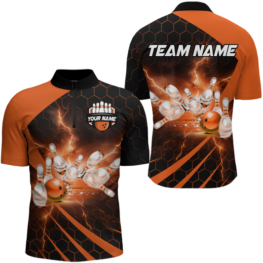 Custom Bowling Jersey For Couples Orange Bowling 1/4 Zip Shirts For Men And Women BDT491