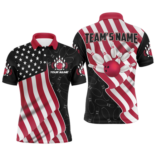 American Flag Bowling Shirts Men Team Bowling Jersey Custom Black Bowling Polo Shirt BDT372