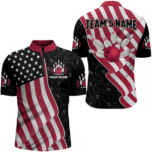 American Flag Bowling Shirts Men Team Bowling Jersey Custom Black Bowling Quarter-Zip Shirt BDT372