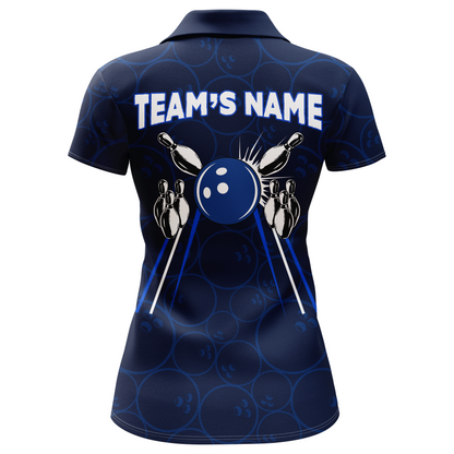 Custom Bowling Polo Shirt For Women Navy Bowling Team Jersey Couple Bowling Shirt BDT342
