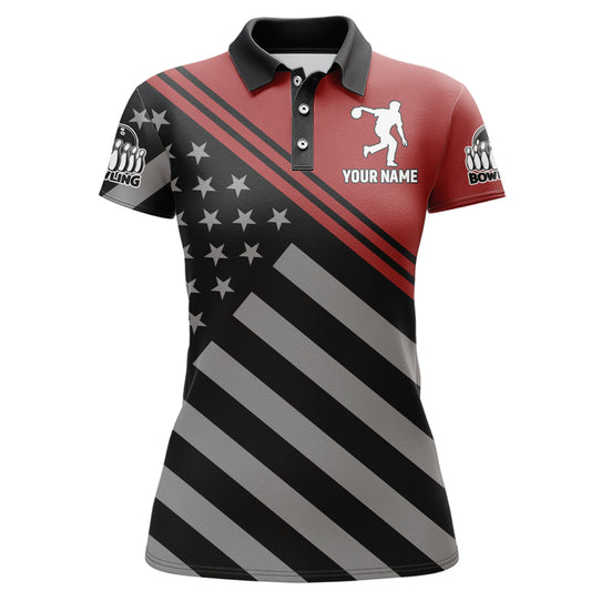 Red&Black Bowling Jersey For Women Custom Bowling Shirt American Flag Bowling Polo Shirt BDT282