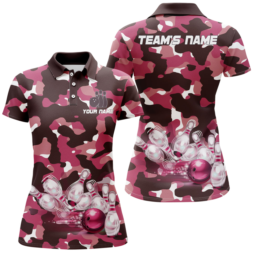 Pink Camo Bowling Shirts For Women Custom Bowling Polo Shirt Team Ladies Bowling Jerseys BDT249