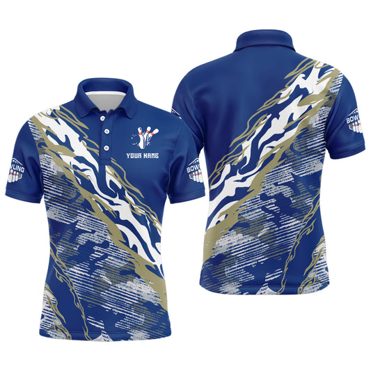 Custom Bowling Shirt for Men Blue Camo Bowling Jersey Flame Bowling Polo Shirt BDT261