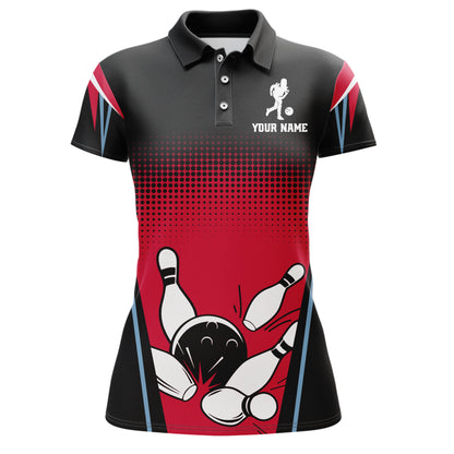 Custom Bowling Polo Shirt Black&Red Bowling Jersey For Women Custom Bowling Team Shirts BDT256