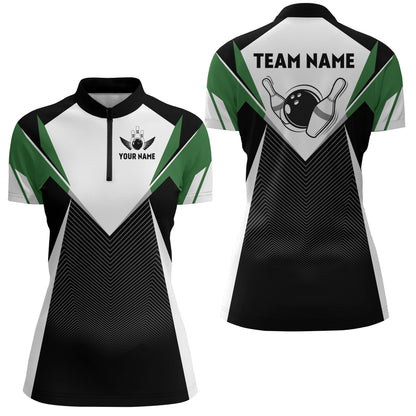 Personalized Bowling Shirt For Women Custom Bowling Quarter-Zip Shirt Green Bowling Jersey BDT252