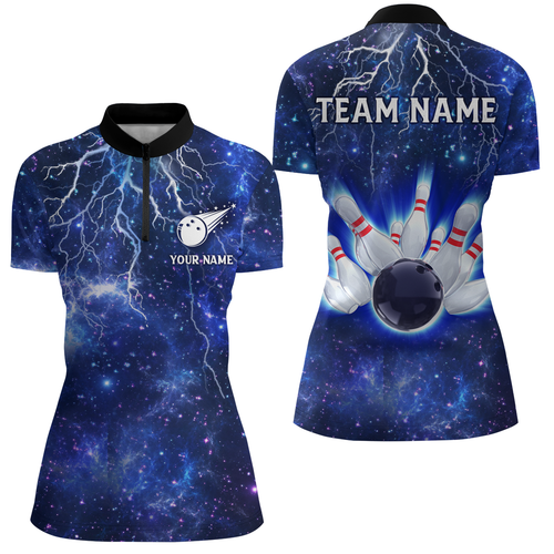 Custom Navy Bowling Quarter-Zip Shirt For Women Lightning Thunder Bowling Jersey Team League BDT331