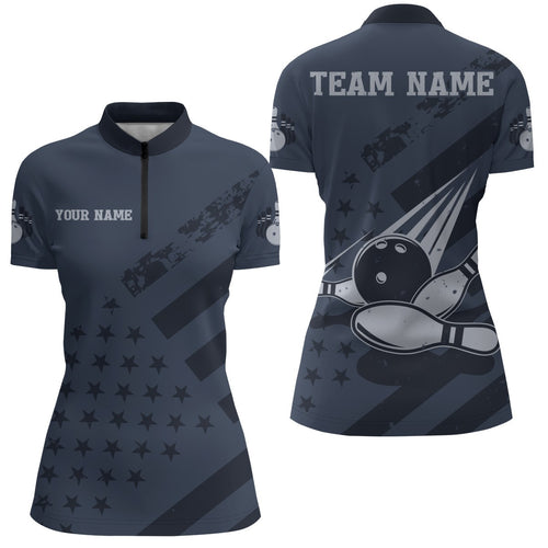 American Flag Bowling Quarter-Zip Shirt Team Patriotic Bowling Jersey Women Bowlers Short Sleeve BDT265