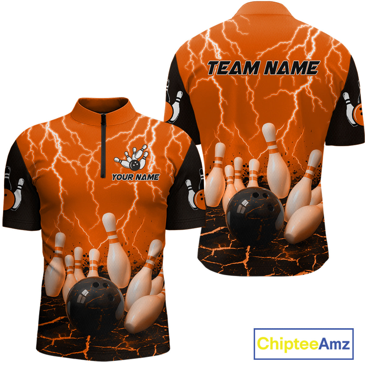 Orange Thunder Lightning & Lava Bowling Shirt for Men Women Team Bowling Jersey MBL92