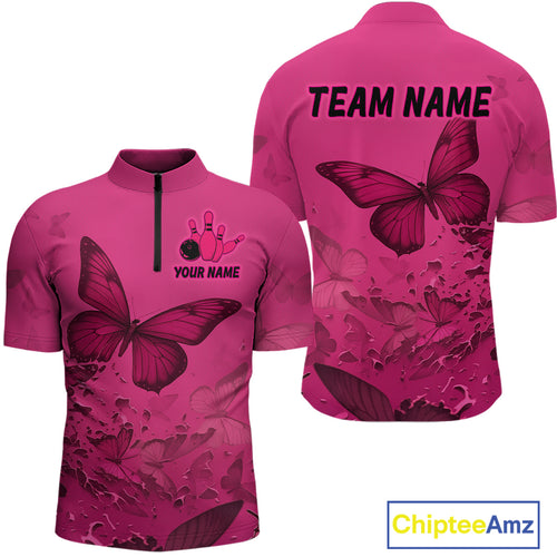 Pink Butterflies Bowling Shirts for Women Men Team Custom Bowling Polo and 1/4 Zip MBL121