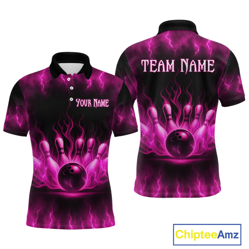 Custom Pink Flame Bowling Shirts for Women Men Team Bowling Polo and Quarter Zip MBL132