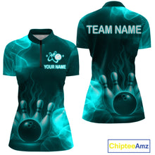 Load image into Gallery viewer, Teal Flaming Bowling Shirts for Women Men Custom Team Bowling Polo &amp; Quarter Zip MBL140