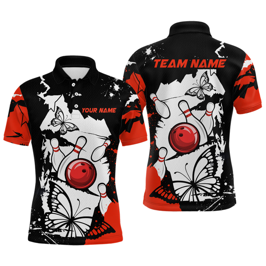 Custom Red Butterflies Bowling Shirt for Men Women Team Bowling Polo&Quater Zip MBL76