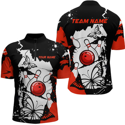 Custom Red Butterflies Bowling Shirt for Men Women Team Bowling Polo&Quater Zip MBL76