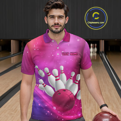 Custom Pink Galaxy Bowling Shirts for Men Women Team Bowling Polo and Quarter Zip MBL122