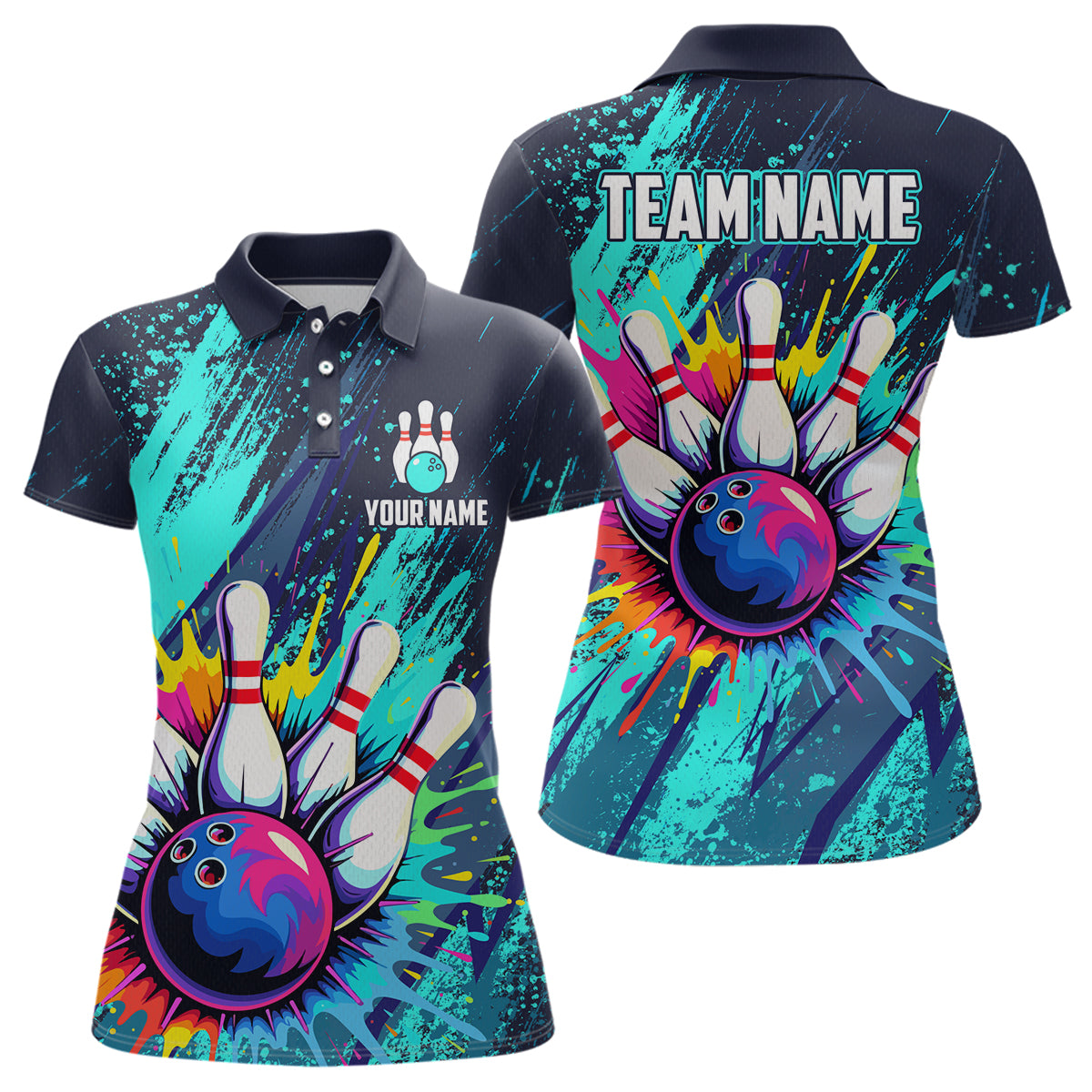 Custom Teal Bowling Shirt for Women Men Bowling Water Color Bowling Polo & 1/4 Zip Shirts MBL37