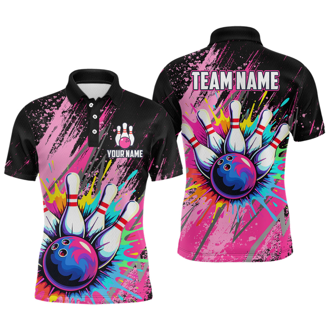 Custom Pink Bowling Shirt for Women Men Bowling Water Color Bowling Polo & 1/4 Zip Shirts MBL37