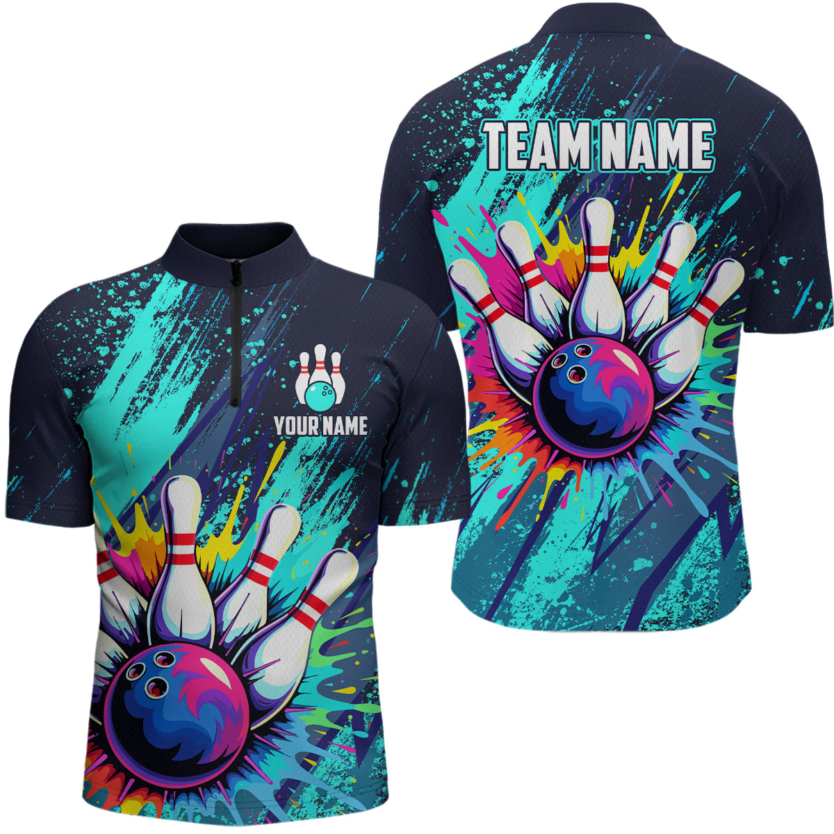Custom Teal Bowling Shirt for Women Men Bowling Water Color Bowling Polo & 1/4 Zip Shirts MBL37